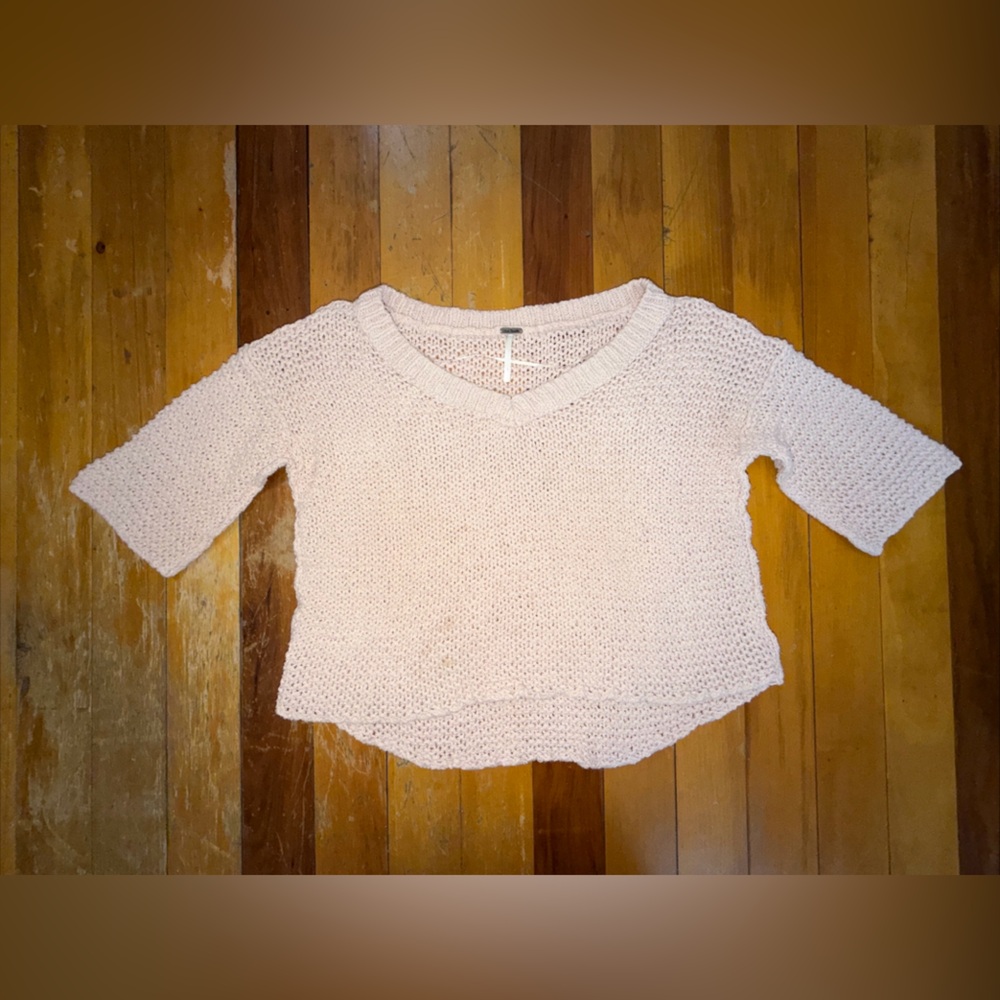 Free People Open Knit Light Pink V-Neck Sweater Size Small